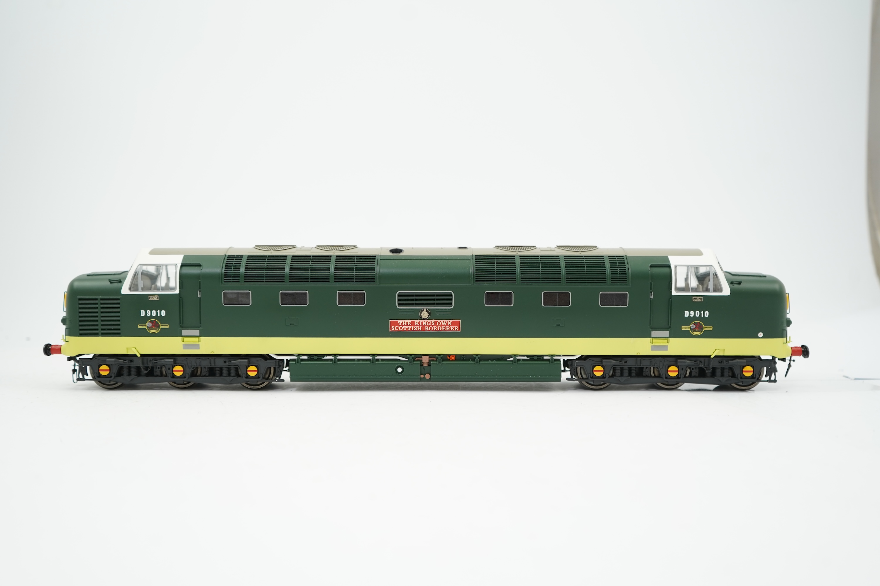 An 0 Gauge Heljan model of BR Class 55 Deltic, The King’s Own Scottish Border D9010 Co-Co diesel locomotive, powered for two rail operation, with original box and operating leaflet.
